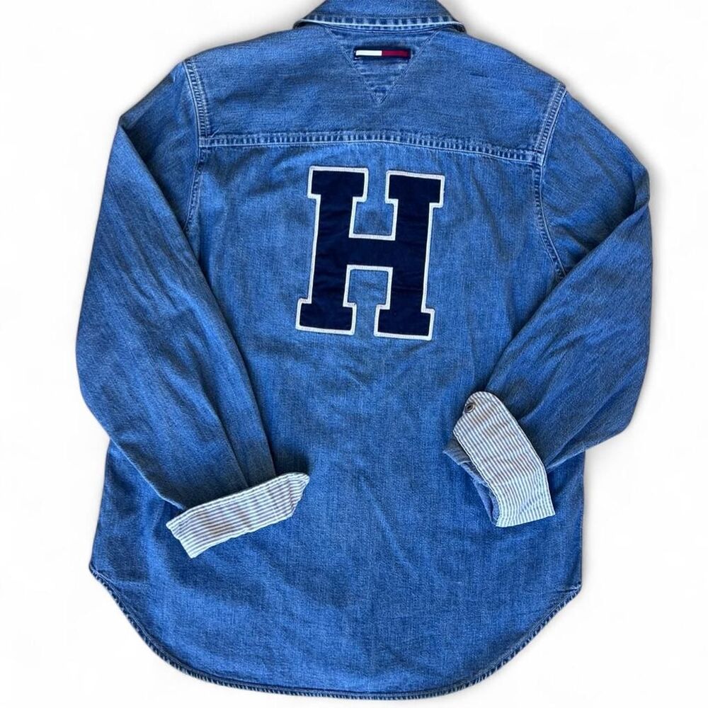 Tommy Hilfiger Denim Shirt Cotton Button Up Varsity H Logo Women's 6 - Picture 10 of 10